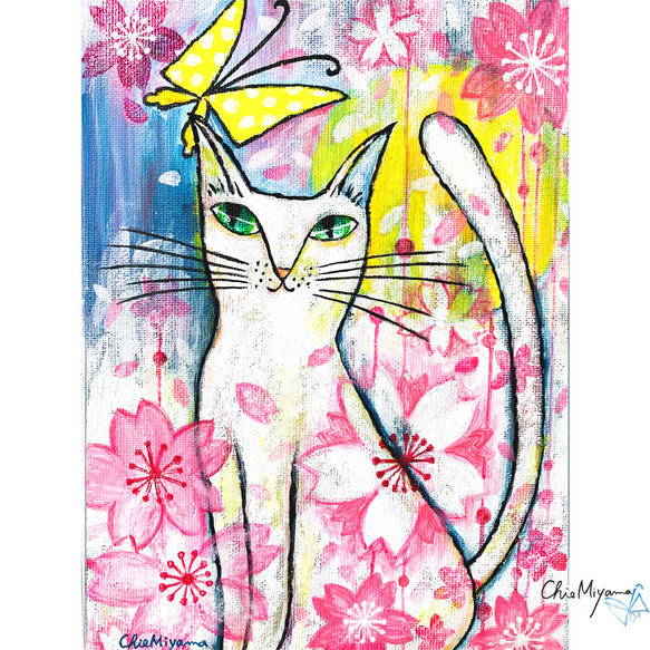 原画 北欧アート『夜桜と猫』 おしゃれ モダンアート 現代アート ねこ cat 絵画 桜 夜桜 SMサイズ