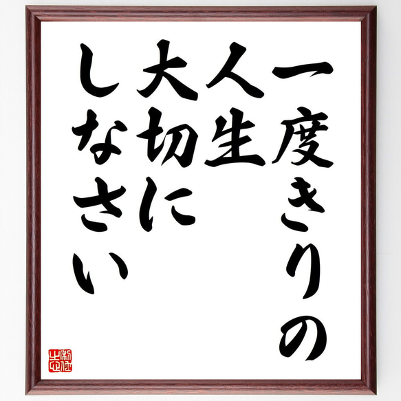 名言「一度きりの人生、大切にしなさい」額付き書道色紙／受注後直筆（V4440)