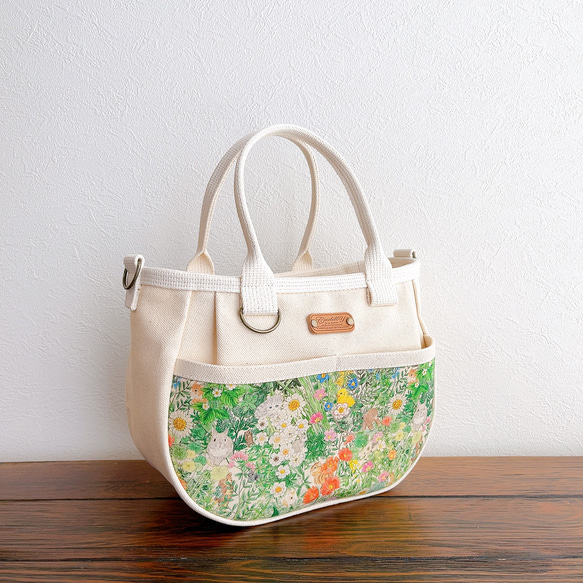 ♥️小♥️ころりんバッグ　ショルダー　草花柄×生成　倉敷帆布　3WAY ポシェット　トートバッグ　うさぎ　ねこ　斜め掛け