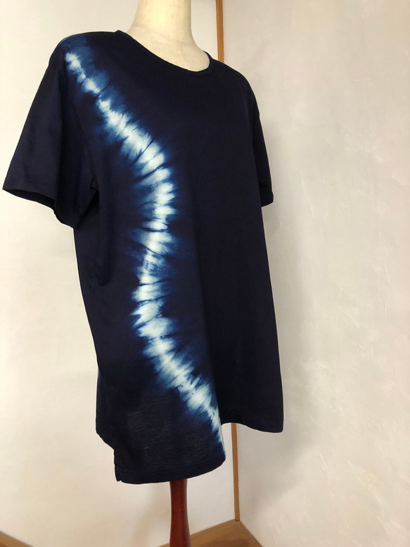 本藍染め　綿ニットTシャツ　半袖（３Ｌ）スリット入りT-006