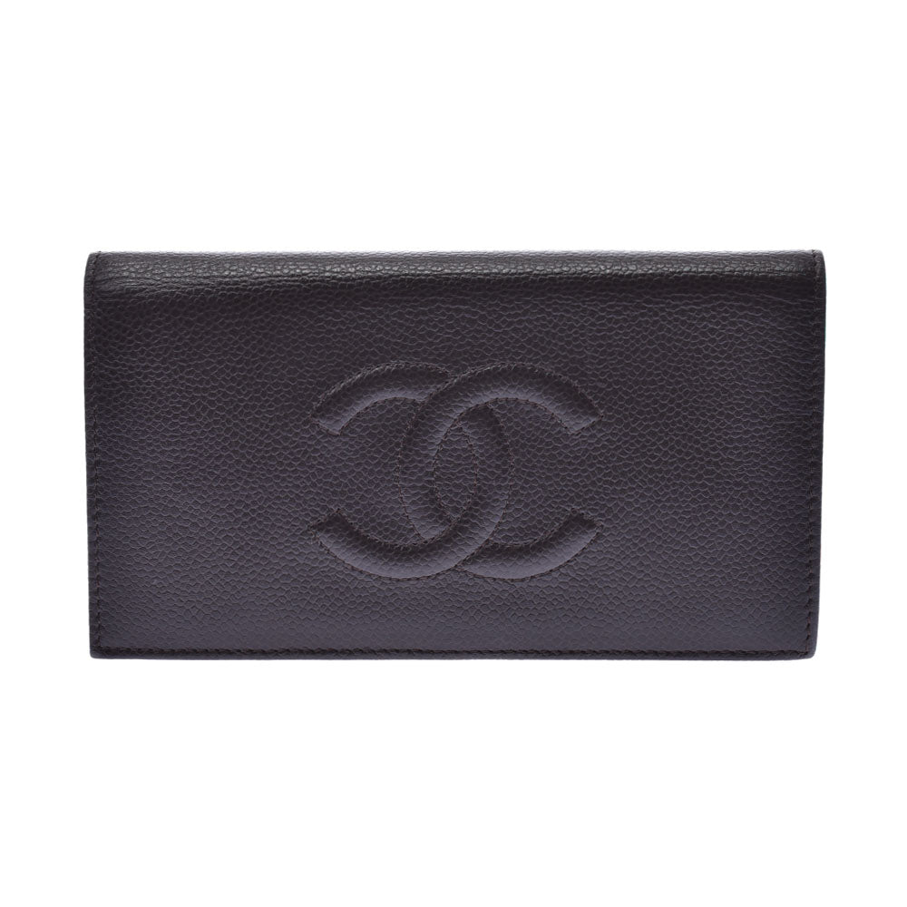 CHANEL シャネル ファスナー長財布 茶系(ダークブラウン) ユニセックス キャビアスキン 長財布 Aランク 中古 