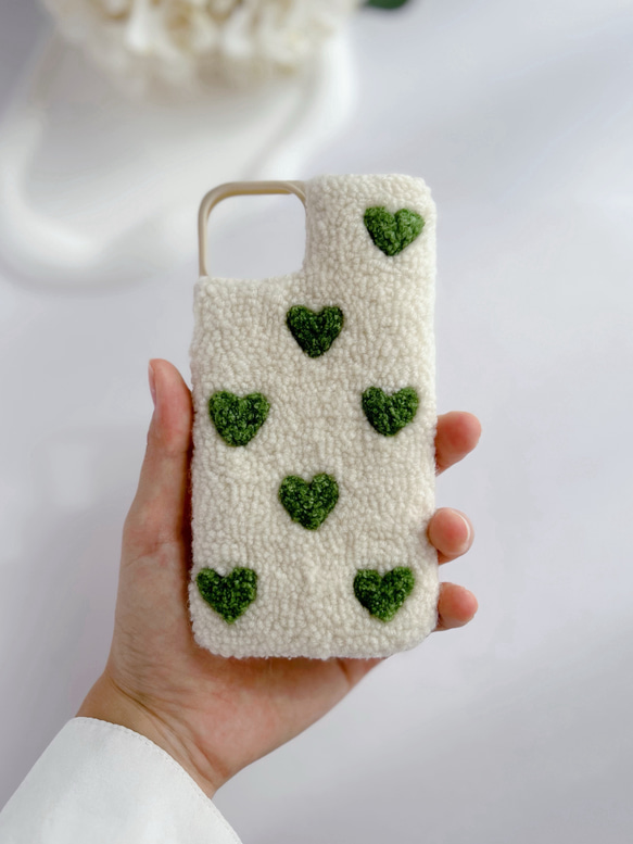 ハートの刺繍スマホケース＊グリーン＊韓国風＊iPhoneケース全機種対応