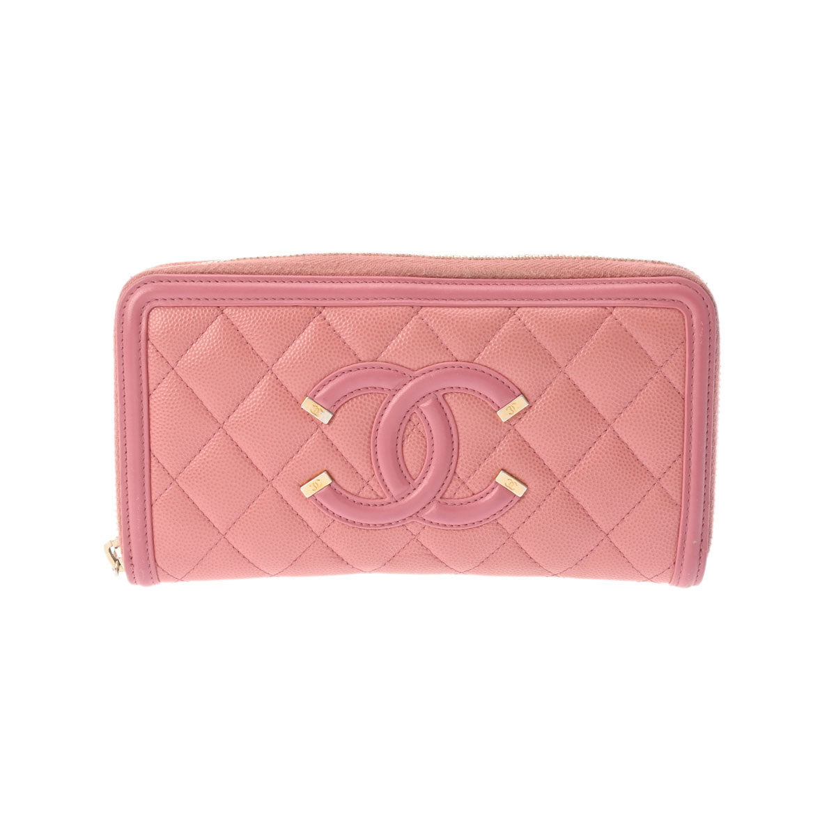 CHANEL シャネル マトラッセ ラウンドファスナー財布 ピンク ゴールド金具 レディース キャビアスキン 長財布 Bランク 中古 