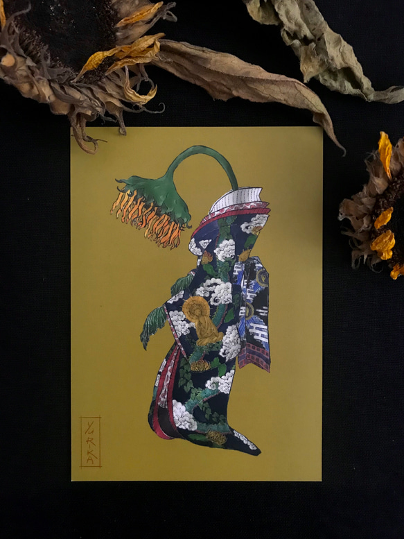 浮世絵ひまわりUkiyo-e sunflower A6サイズ 厚紙マット加工ドイツから郵送