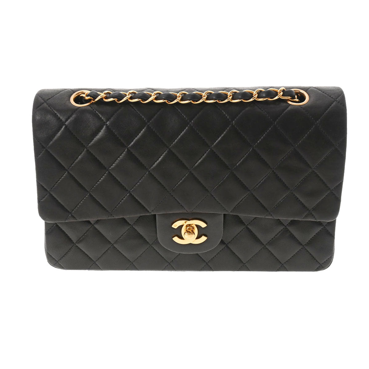 CHANEL シャネル Wフラップ チェーンショルダー 25cm ブラック ゴールド金具 A01112 レディース ラムスキン ショルダーバッグ ABランク 中古 