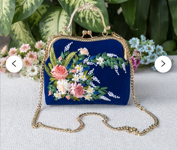 お花手刺繍パーティーバック/ナビブルー