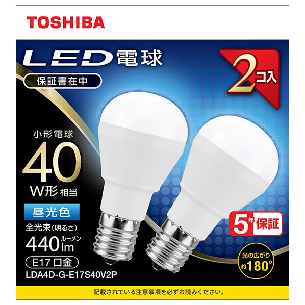 東芝 LED電球 E17口金 全光束440lm(3．8W小形電球タイプ) 昼光色相当 2個入 LDA4D-G-E17S40V2P