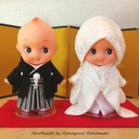 ウェルカムドール / 白無垢ウェディングキューピー（黒い紋付袴＆白無垢）/ Bride & Groom Kewpies in Japanese kimonos (shiromuku)