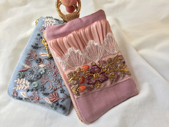 インド刺繍 リボン ファスナーポーチ カラビナ付き レース×ピンク