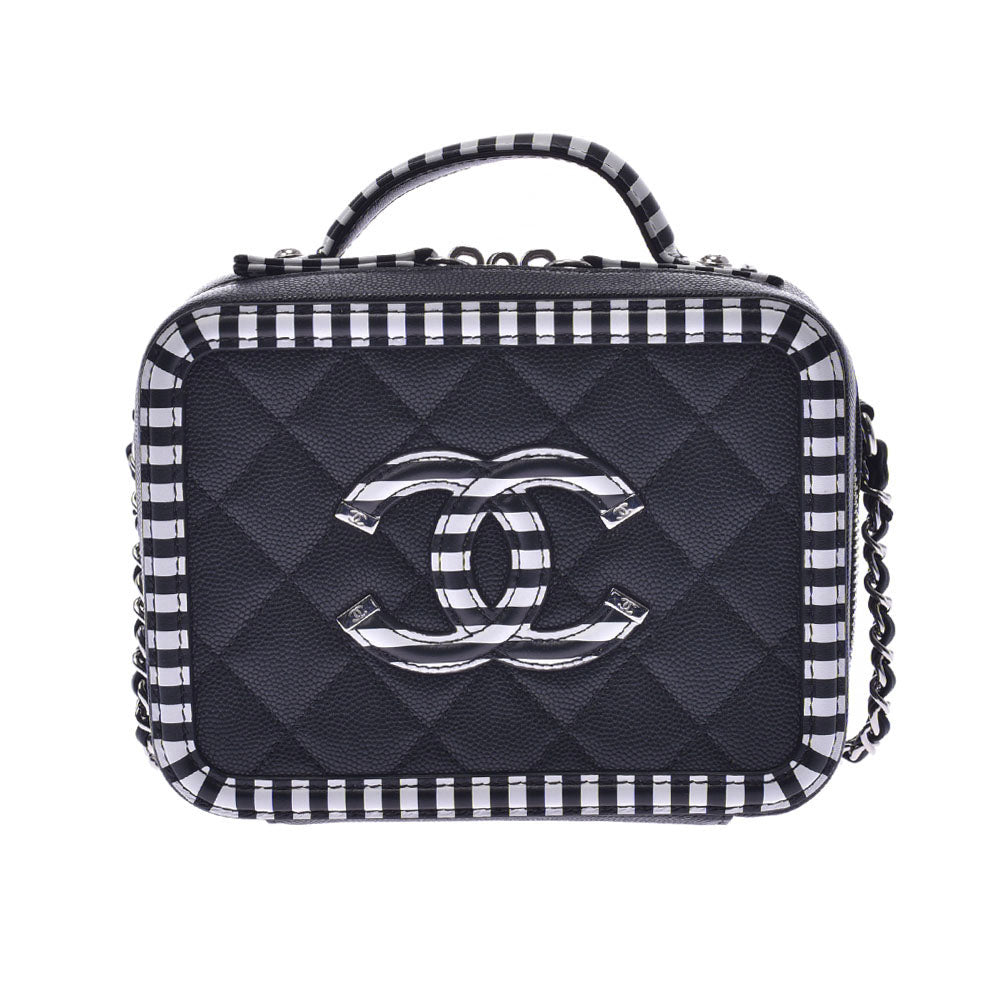 CHANEL シャネル マトラッセ スモールバニティ 2WAYバッグ 黒/白 シルバー金具 レディース キャビアスキン ショルダーバッグ Aランク 中古 