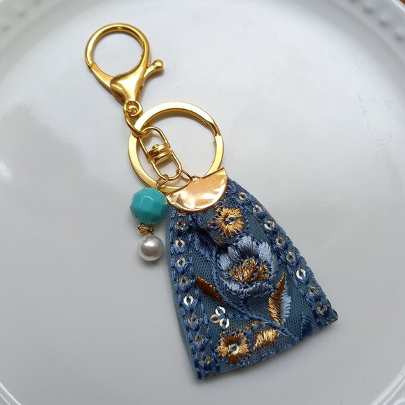 バッグチャーム インド刺繍 ブルー キーホルダー インド刺繍リボン タッセル スマホストラップ