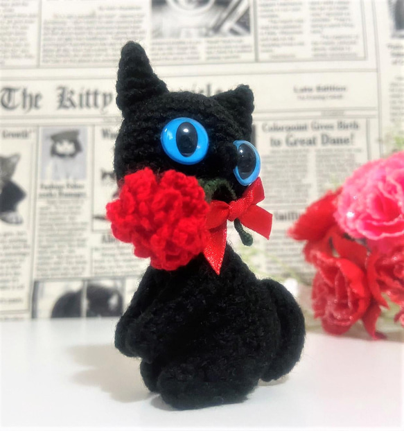 カーネーション黒猫ちゃん＊編みぐるみ☆受注製作品