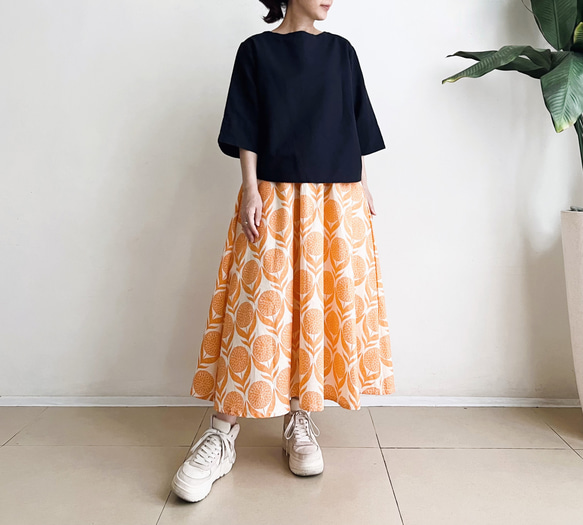 フレアースカート　* cotton Linen Orange Flower motif *