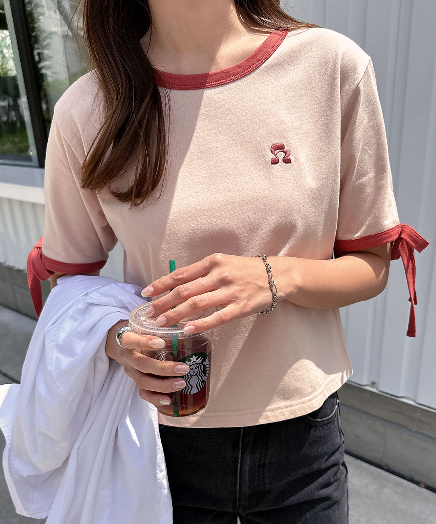 アンドミー/袖リボン ワンポイント 刺繍 リンガー Tシャツ