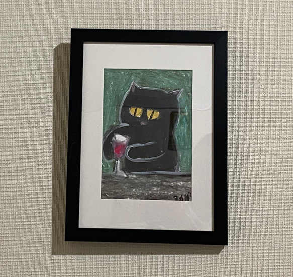 絵画。原画【ワインを飲んで少し貪欲な黒猫、美味しいワイン】