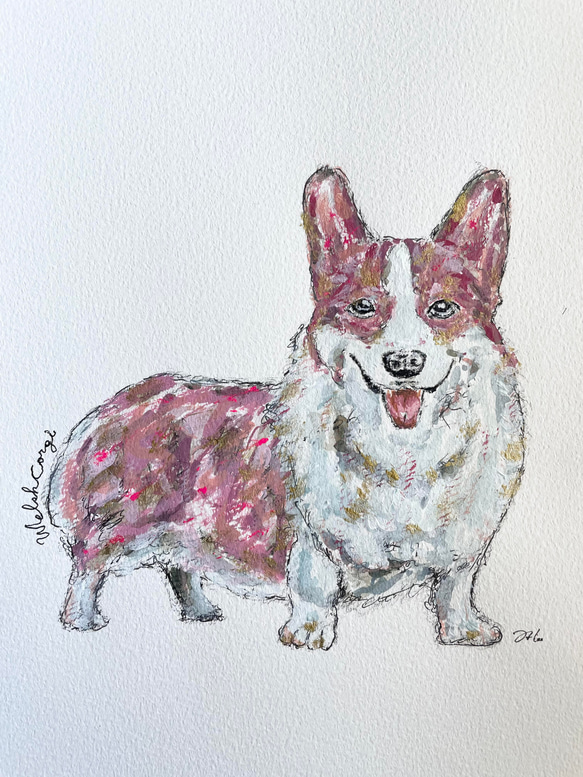 【原画】Welsh Corgi 犬イラストアート A4 アクリル画／鉛筆画／ペン画