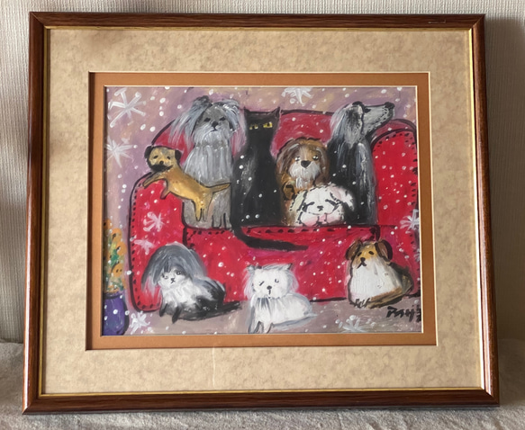 絵画。原画手描き【雪が降る冬、かわいい犬と猫の楽しい写真記念】