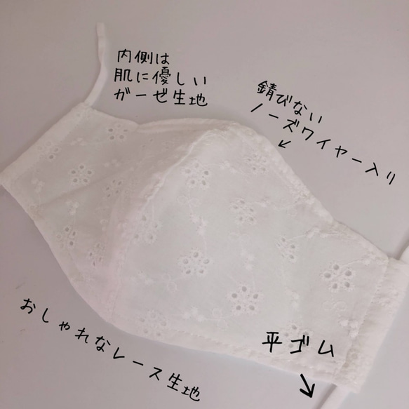 889）大人立体マスク　レース生地+肌に優しい柔らかガーゼ　マスク　刺繍生地　白　花　大