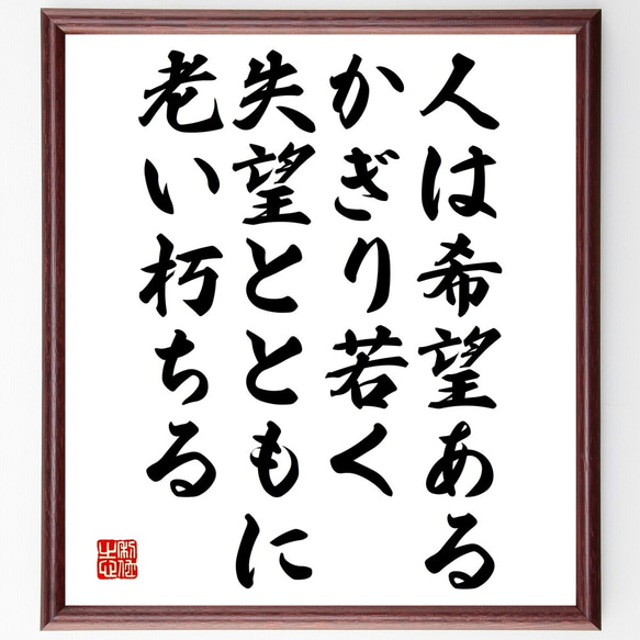 名言「人は希望あるかぎり若く、失望とともに老い朽ちる」額付き書道色紙／受注後直筆（Y2643）