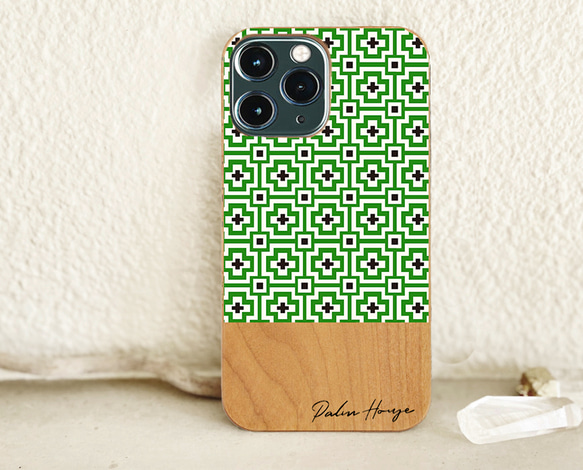 天然木♡名入れ♪MOSAIC WOOD iPhoneケース Green×Black