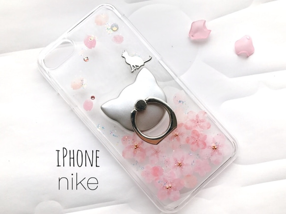 桜 猫 スマホリング付き  iPhoneケース 押し花風 スマホケース ハードケース  iPhone 猫耳