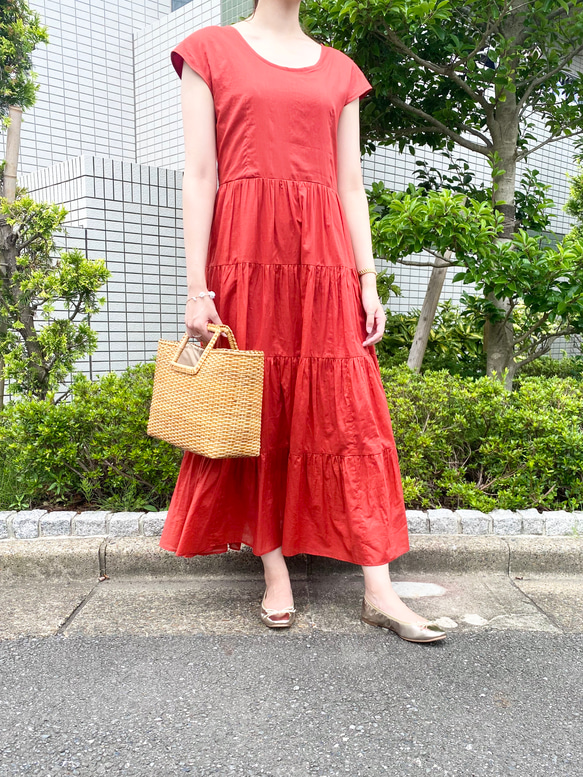 Vivid Color Cotton Lawn Tiered Dress Orange