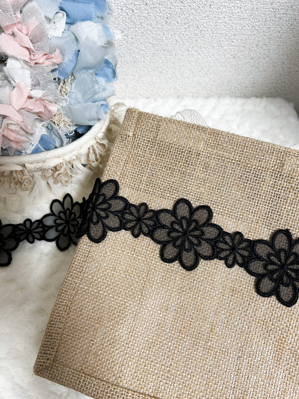 《100cm》ブラック　刺繍リボン　レース　チュールレース　刺繍レース　花　チュール刺繍