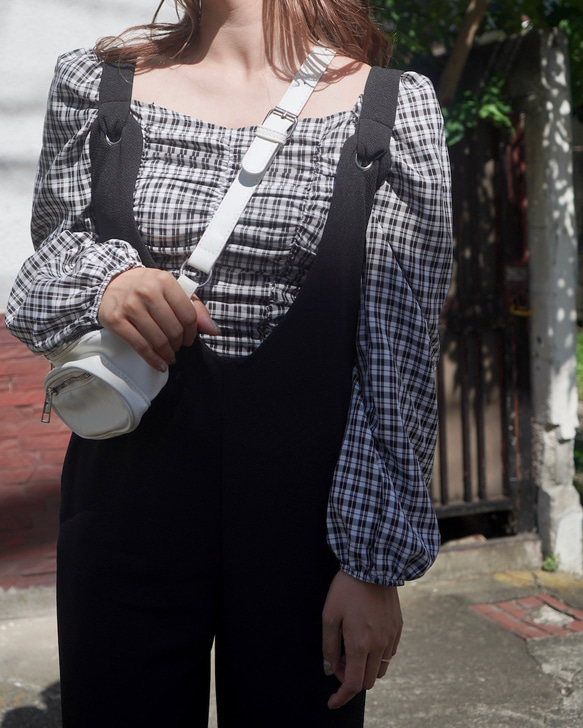 Monotone Check Shirring Puff Tops 長袖ブラウス ブラック 黒 ガーリー