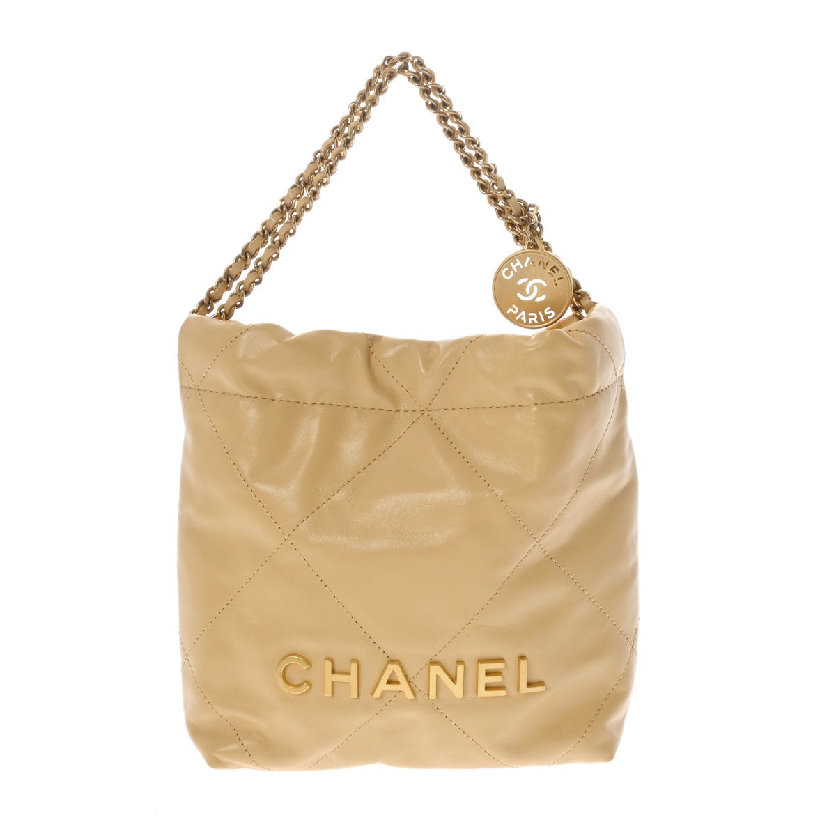 【2025 カレンダーの人気アイテム】 CHANEL シャネル シャネル 22 ミニバッグ ベージュ ゴールド金具 レディース シャイニーカーフ 2WAYバッグ 新同 中古 _画像1