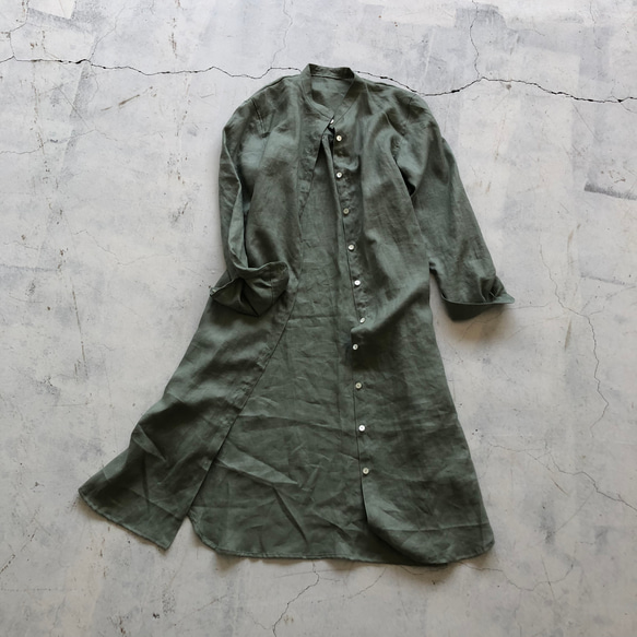 スタンドカラーlong shirt/ロングシャツ　leaf green