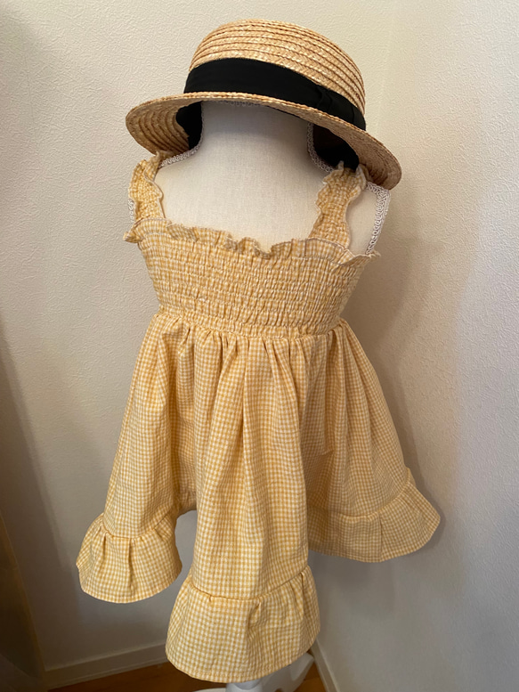 イエローチェック柄シャーリングキャミワンピース　ベビー服　キッズ服　キャミワンピース　シャーリングワンピース