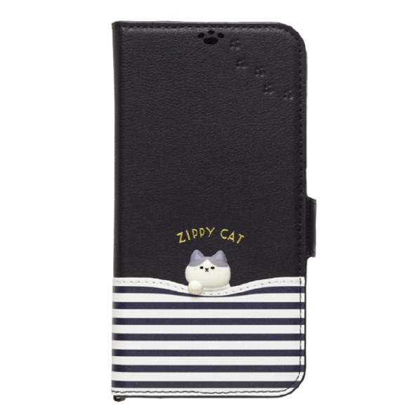 NATURAL design iPhone 15/14/13用手帳型ケース ZIPPY CAT ブラック IP23-61-ZPCAT04