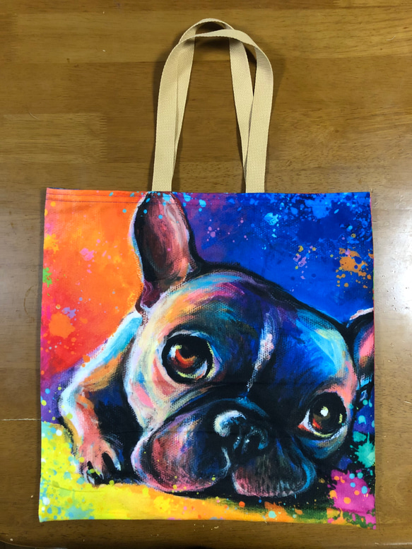 犬柄 ハンドメイド ぺたんこBigトートバッグ フレンチブルドッグ絵画風