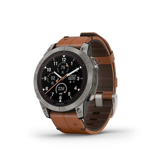 GARMIN 010-02777-82 fenix 7 Pro Sapphire Dual Power Ti Carbon Gray / Chestnut Leather Band 0100277782