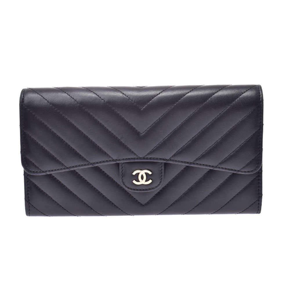 CHANEL シャネル Vステッチ ファスナー長財布 黒 ゴールド金具 レディース ラムスキン 長財布 Bランク 中古 