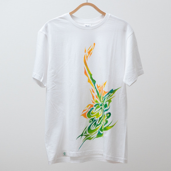 【トライバル柄風手描きTシャツ】Natural series Ⅱ/植物と太陽/メンズLサイズ/洗濯可能/一点限り