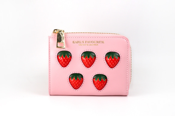 【More Strawberries Collection】L字ファスナーコンパクト財布（赤いちご／ピンク本革）