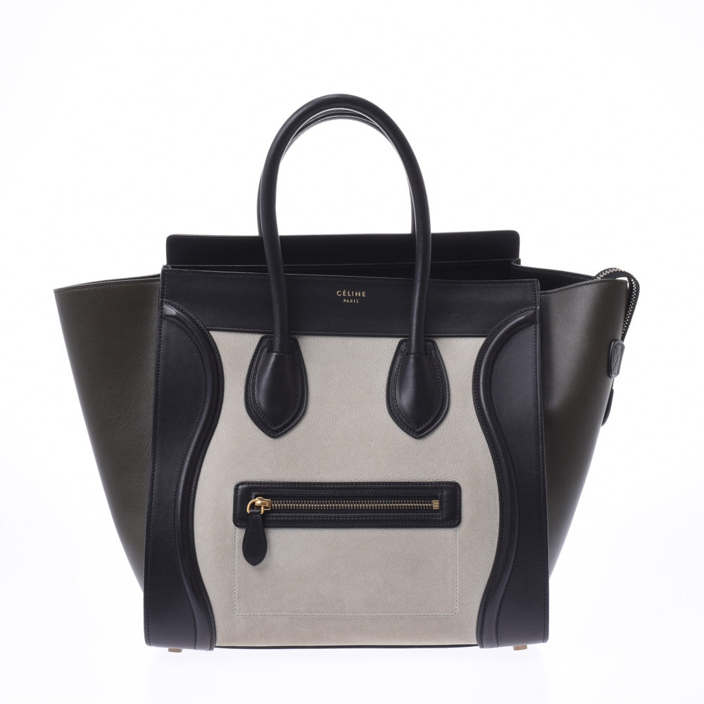 CELINE セリーヌ ラゲージ ミニショッパー トリコロール 黒/グレー/カーキ レディース レザー ハンドバッグ Bランク 中古 