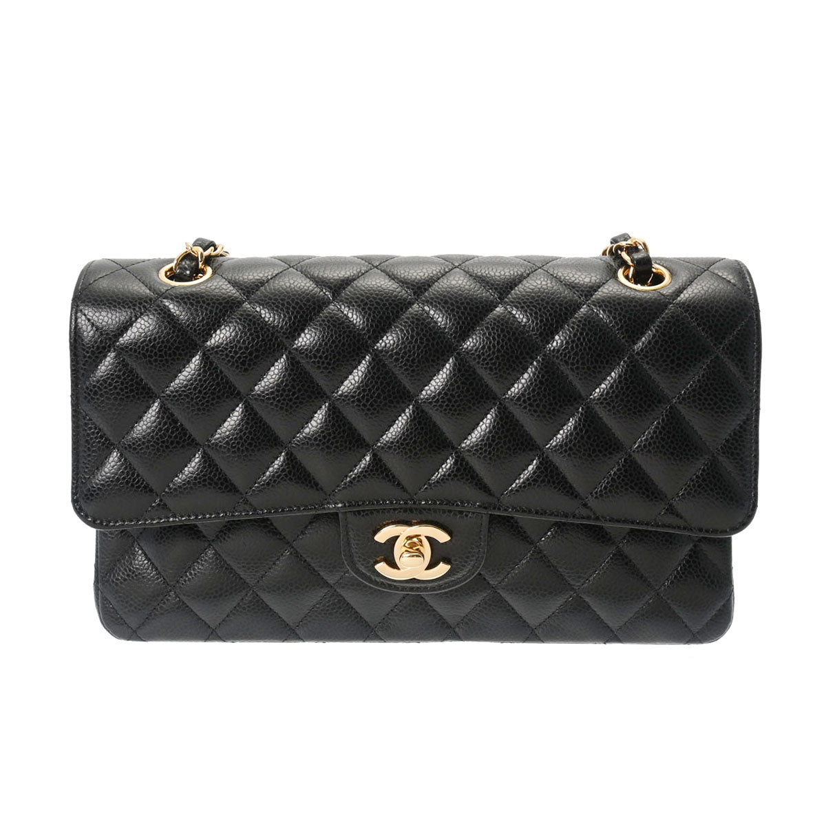 CHANEL シャネル マトラッセ Wフラップ チェーンショルダー 25cm 黒 ゴールド金具 A01112 レディース キャビアスキン ショルダーバッグ Aランク 中古 