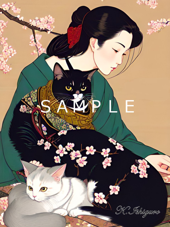 猫と女性と桜(オリジナルイラスト)A4額付き　№s-5898