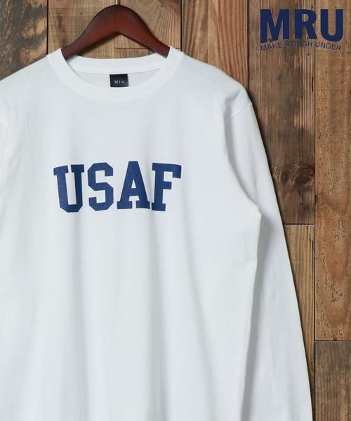 【MRU/エムアールユー】コットン100％ USAF ミリタリー プリント ロンT/綿100％ 長袖Ｔシャツ メンズ カジュアル