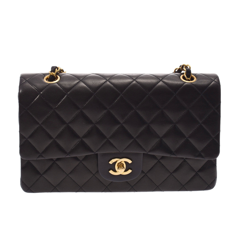 CHANEL シャネル マトラッセ チェーンショルダ 25cm Wフラップ 黒 ゴールド金具 レディース ラムスキン ショルダーバッグ Aランク 中古 