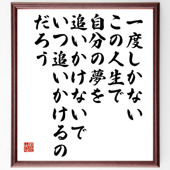 名言「一度しかないこの人生で、自分の夢を追いかけないで、いつ追いかけるのだろ～」額付き書道色紙／受注後直筆（V5859）