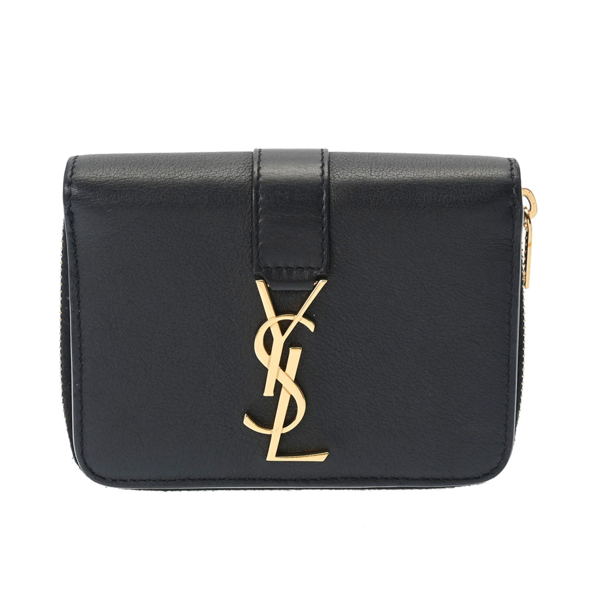 YVES SAINT LAURENT イヴサンローラン コンパクトジップウォレット 黒 GP金具 532867 レディース グレインレザー 二つ折り財布 Aランク 中古 