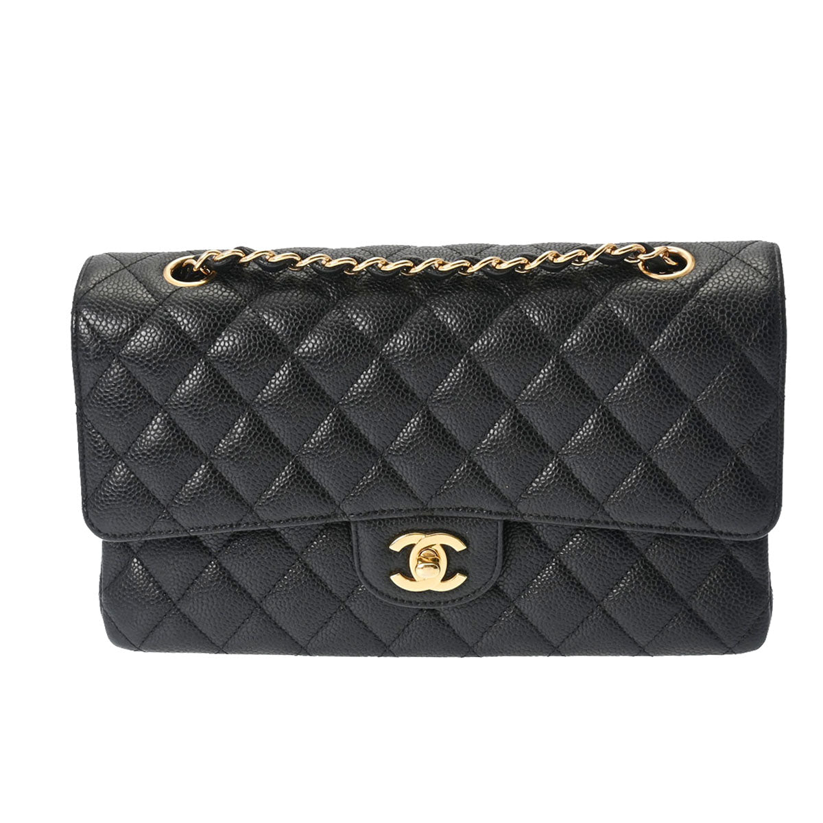 CHANEL シャネル マトラッセ Wフラップ チェーンショルダー 25cm 黒 ゴールド金具 レディース キャビアスキン ショルダーバッグ Bランク 中古 