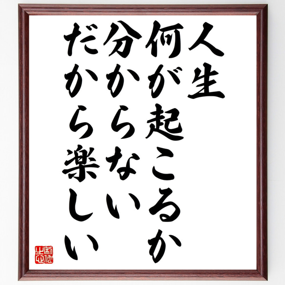 名言「人生何が起こるか分からない、だから楽しい」額付き書道色紙／受注後直筆（Z0291）