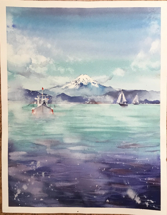 江ノ島からの富士　富士山　船　ヨット　海　山　アート　水彩画　手描き　青空　雲　原画