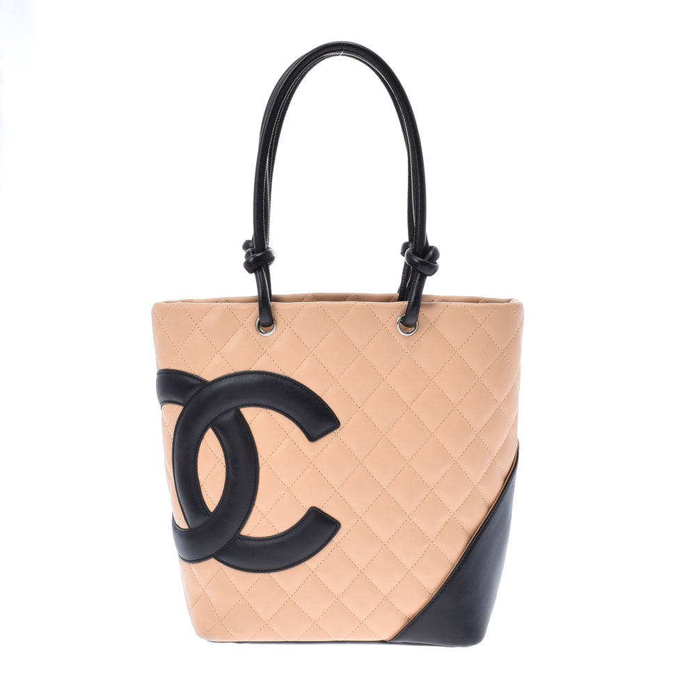 CHANEL シャネル カンボンライン スモール ベージュ/黒 レディース カーフ トートバッグ ABランク 中古 