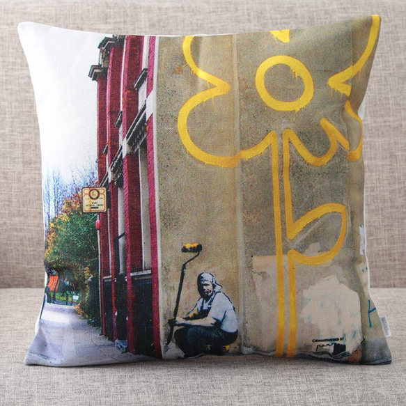 クッションカバー Banksy バンクシー Yellow Line Flower jubileecushionba078