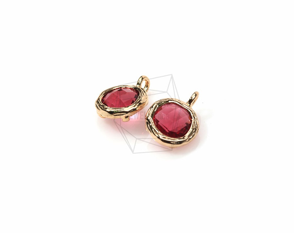 GLA-015-G【2個入り】ラウンドガラスチャーム,Round Framed Stone Charm(Ruby)